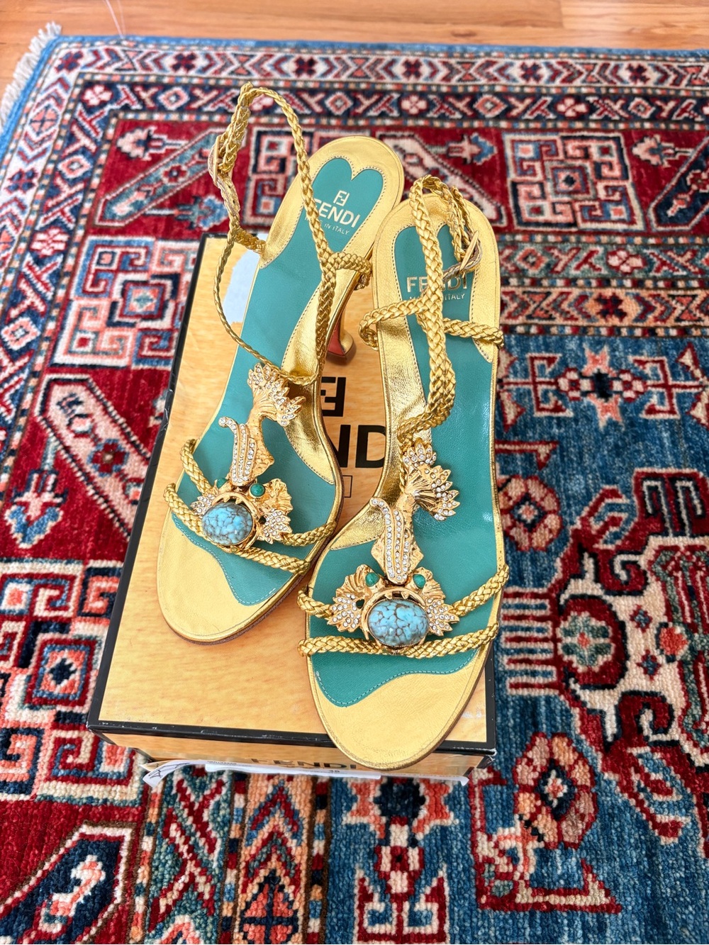 Fendi Gold and Teal Braided Gemstone Slingback Heels